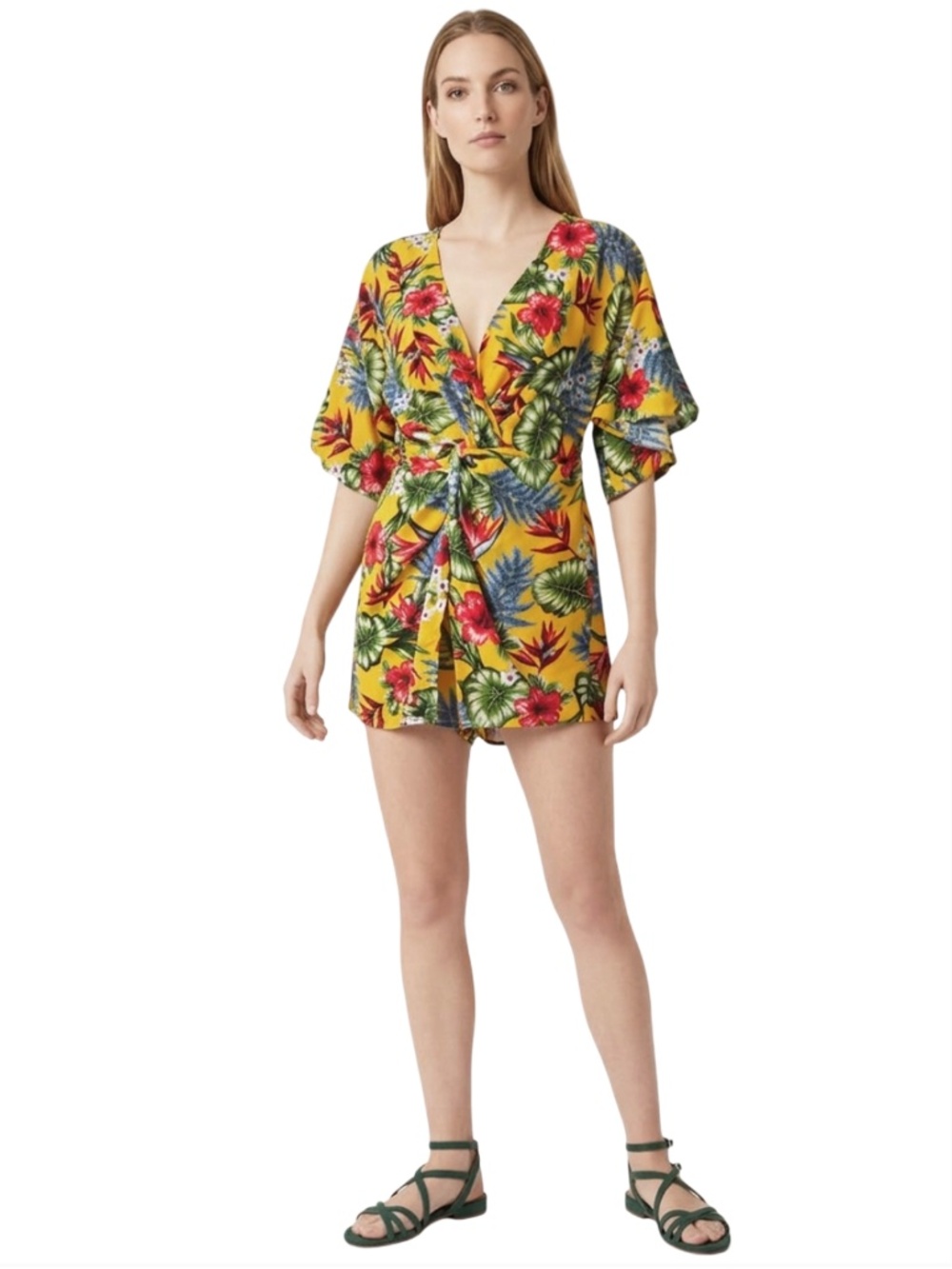 Umgee USA Yellow Tropical Floral Print Romper Playsuit Rayon Flutter Bell Sleeve